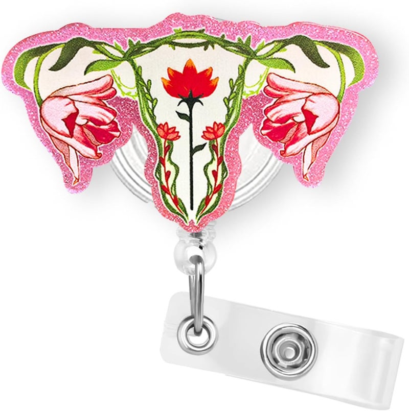 Bydevia Cute Floral Uterus Badge Reel Retractable for Labor and Delivery Nurse, Gynecology Badge Reel, L&D Badge Clip, Funny OB/GYN Ovaries Badge Holder with Alligator Clip & 24” Durable Nylon Cord - Image 1